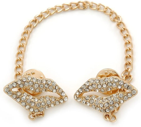 Clear Crystal Lips Collar Chain Pin Brooch In Gold Plated Metal...