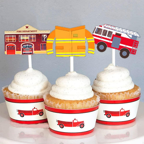 24 Pack Fireman Firefighter Cupcake Toppers Fire Truck Cupcake Toppers Fire Extinguishing Cupcake Toppers for Kids Adults Birthday Baby Shower Par...