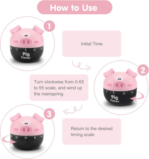 Cute Cartoon Pig Kitchen Timer, 0-55 Minute Wind Up Dial Rotating Countdown Loud Alarm Timer Mechanical Mechanical Timers Counters for Cooking Tim...