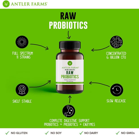 Antler Farms - Raw Probiotics 60 Billion CFU, 60 Capsules, Prebiotics & Probiotics Enzymes, Shelf Stable, Digestive & Immune Health, Vegan, Non-GM...