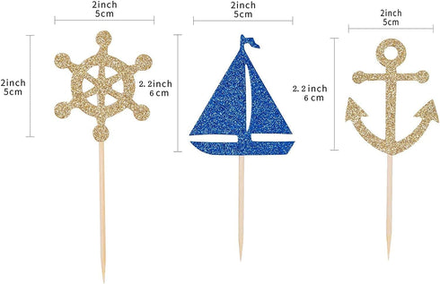 24 Pcs Nautical Theme Glitter Cupcake Picks Cupcake Toppers Food Fruit Picks for Decoration Party Favors...