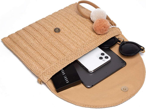 Straw Shoulder Bag Straw Clutch Women Hand-woven PomPom Straw Crossbody Bag Summer Beach Envelope Purse Wallet...