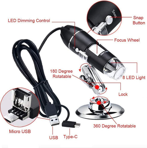 USB Digital Microscope 1600x 8 LED Magnification Endoscope Camera with Metal Stand Compatible with Windows, Android and Mac...