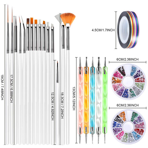 Teenitor Nail Art Brushes,3D Nail Art Paiting Polish Design Kit with 15 Nail Gel Brushes, Nail Dotting Pen 5pcs, 12 Colors Nail Rinestones 10 Adhe...