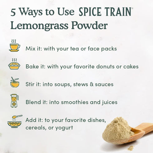 SPICE TRAIN Lemongrass Powder (226g/8oz) Non GMO, Gluten Free, 100% Raw, Sourced from India, For Cooking, Smoothies, Tea, Packed in Resealable Zip...