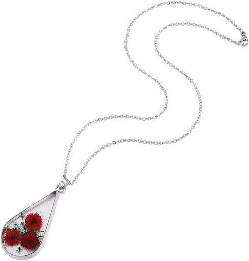 Red Turquoise Pressed Flowers Teardrop Drop Dangle Earrings Pendant Necklace Jewelry Set, 2 Colors...