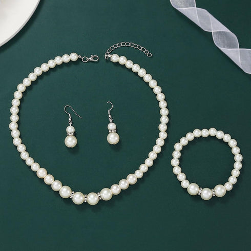 Unicra Pearl Bridal Wedding Jewelry Sets Silver Bride Necklace Earrings Bracelet Set 1920s Gatsby Costume Jewelry Accessories for Women and Brides...