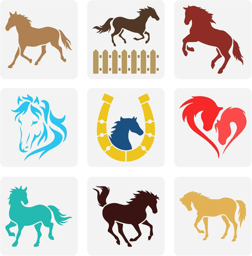 FINGERINSPIRE 9 Pcs Horses Stencil 5.9x5.9inch Reusable Horse Farm Running Horse Painting Template DIY Horse Head Drawing Stencil Animal Steed Dec...