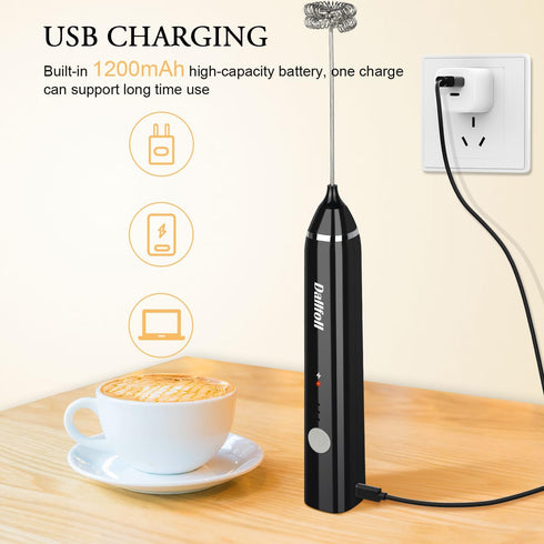 Milk Frother Handheld,Dallfoll USB Rechargeable Electric Foam Wand Maker for Coffee, 3 Speeds Mini Milk Foamer Drink Mixer with 2 Whisks for Bulle...