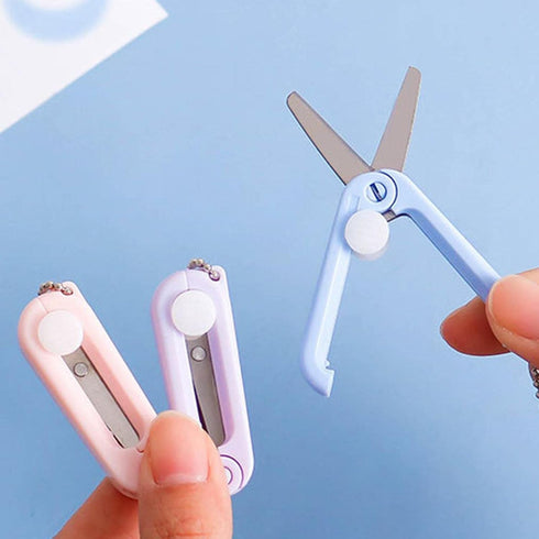 1Pc White Folding Scissors Safe Portable Travel Scissors Foldable Telescopic Cutter Pocket Mini Scissor with Keychain for Cutting,Scrapbooking,Cra...