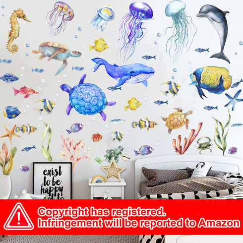 4 Sheets Ocean Fish Wall Decals Stickers Sea Wall Decal Stickers Removable Sea Life Marine Animal Sticker Underwater Ocean Creatures Decor for Kid...