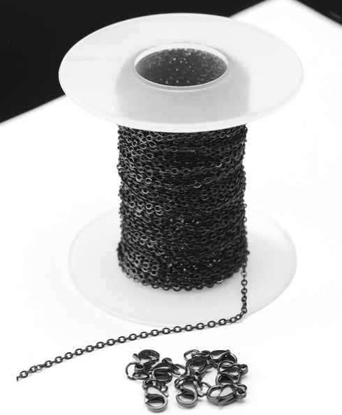 33 Feet Black Stainless Steel Flat Cable Chains Link Spool Bulk with 20 Lobster Clasps and 50 Jump Rings for Pendant Necklace Jewelry DIY Making...