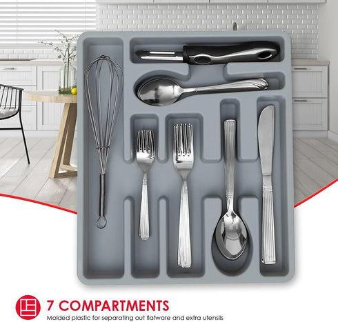 Home Basics 7 Compartment Deep Molded Plastic Flatware and Utensil Tray Holder Cutlery Organizer with Rounded Corners, Stackable Design | Grey...