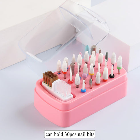 2 in 1 Pink Nail Drill Bit Holder and Nail Drill Bits Cleaner Brush Case, 30 Holes Dust-proof Nail Bit Holder Organizer Display Storage Box, Nail ...