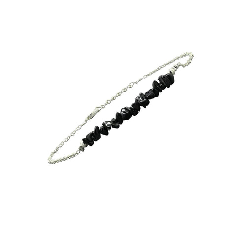 Gempires Natural Black Tourmaline Chips Bar Bracelet, 3-4 mm Chips With 7+1 inch Adjustable Silver Plated Chain (Black Tourmaline)...