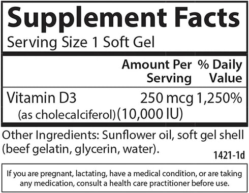 Carlson - Vitamin D3, 10000 IU (250 mcg), Vitamin D Supplements, Bone & Immune Support, Vitamin D3 Softgels, Heart Health, Gluten Free Vitamin D C...