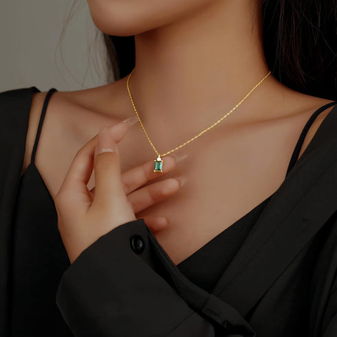 14k Gold Plated Birthstone Necklace for Women 925 Sterling Silver Emerald Baguette Pendant Choker Necklaces Dainty Green CZ Chain Necklace Birthda...