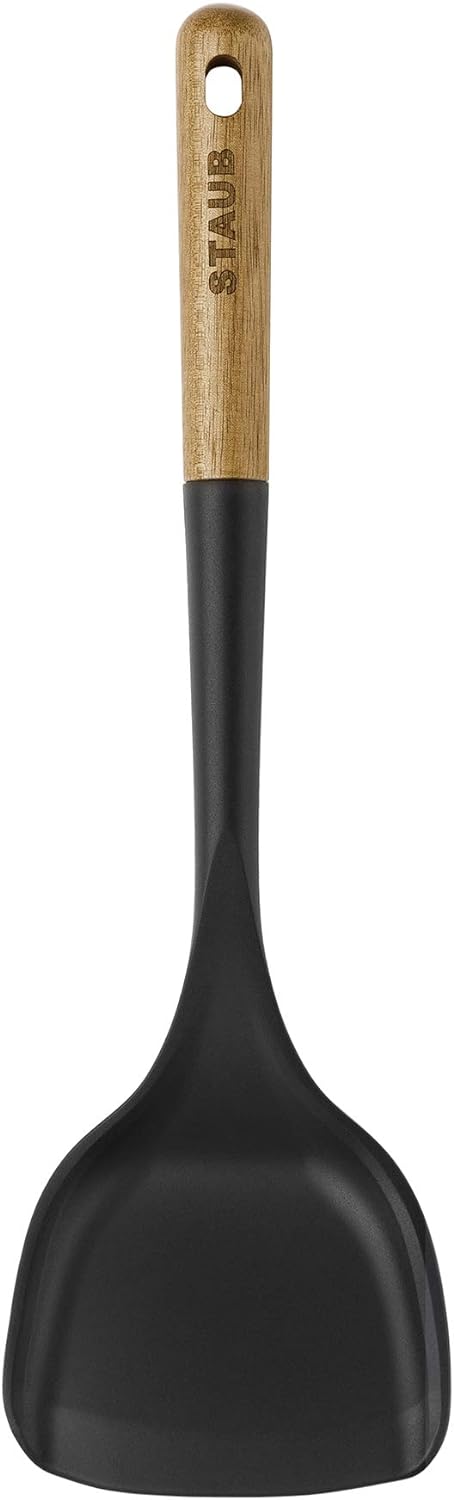 STAUB Wok Spatula, Perfect for Scooping, Flipping, Stirring, and Turning Stir Fries, One Size, Durable BPA-free Matte Black Silicone, Acacia Wood ...