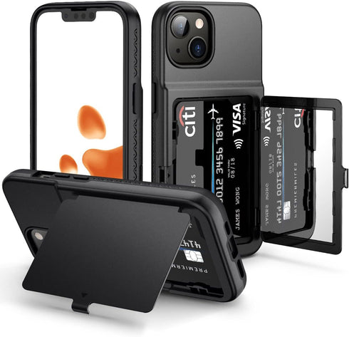 WeLoveCase for iPhone 13 / iPhone 14 Wallet Case with Credit Card Holder & Hidden Mirror, Two Layer Shockproof Heavy Duty Protection Cover Protect...