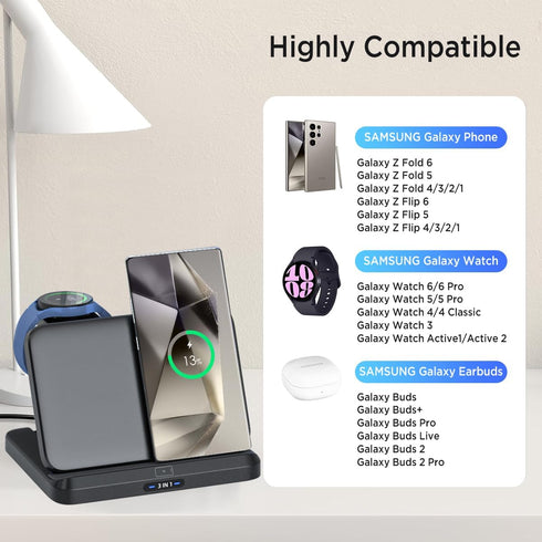Miimall Foldable 3 in 1 Wireless Charger Fast Charging for Samsung Galaxy Z Fold & Flip 6/5/4/3/2,Galaxy S24+/S23+/S22, Portable Wireless Charging...
