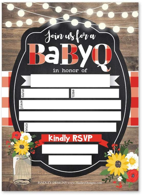 Hadley Designs 25 Baby Shower Invitations, Sprinkle Invite For Boy or Girl, Coed Rustic Barbeque Gender Neutral Reveal, Cute Fill or Write In Blan...