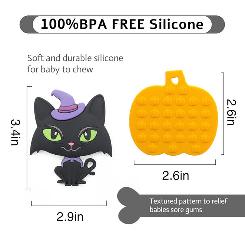 Teething Toys for Babies, PAPACHOO 2 Pack Halloween Soft Silicone Baby Soothing Teether Chew Toys (Orange & Kitten)...
