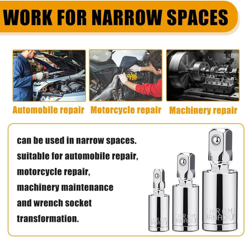 3PCS Universal Joint Socket Set, 1/4” 3/8” 1/2” Drive Swivel Socket Adapter Set, Premium Chrome Vanadium Steel Universal Joint Socket Adapter Suit...