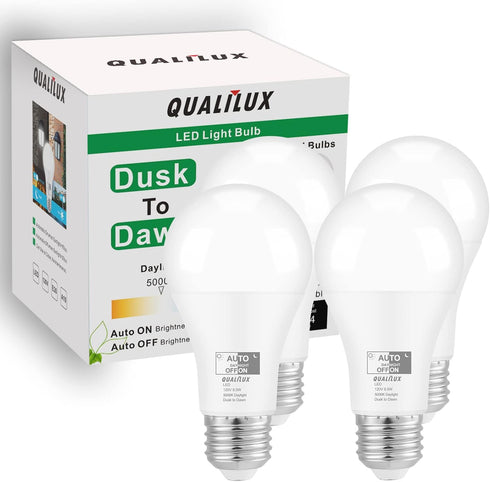 Dusk to Dawn Light Bulbs Outdoor 850 Lumen, 60W Equivalent, Daylight, LED 9.5W, A19, E26 Base, 4-Pack, HQ-H012...