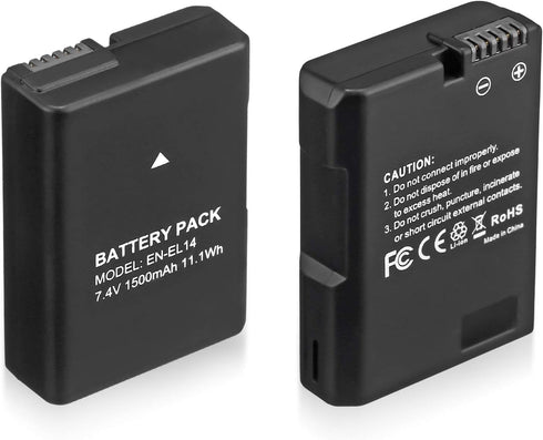 EN-EL14 EN EL14A Battery 2-Pack 1500mAh Li-ion Batteries Compatible with Nikon D3100 D3200 D3300 D3400 D3500 D5100 D5200 D5300 D5500 D5600 DF Cool...