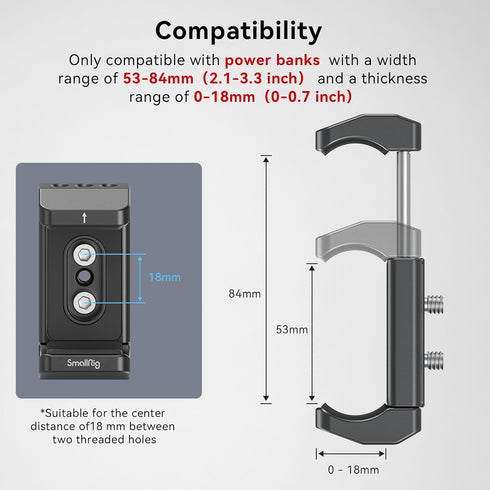SmallRig Aluminum Power Bank Holder, Powerbank Mount Clamp Compatible with Width Range: 53 mm–84 mm (2.1–3.3 inches) and Thickness Range: 0 mm–18 ...