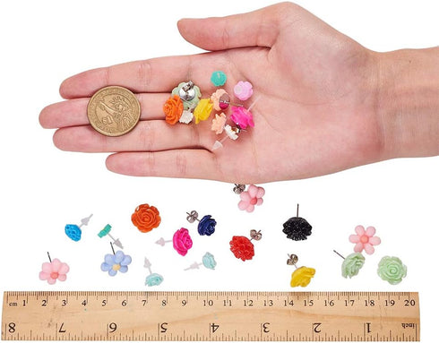 SUNNYCLUE 1 Box DIY 16 Pairs Flower Cabochons Resin Rose Flatbacks Valentine's Day Earrings Making Kit Rose Beads Love Valentine Flower 3D Flat Ba...