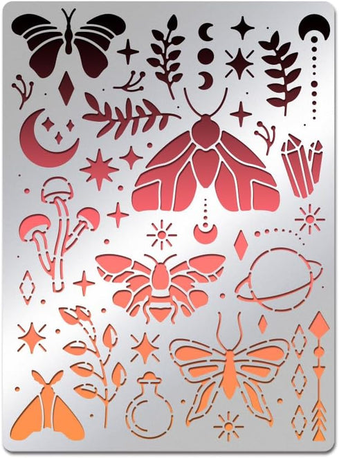 BENECREAT Magical Moths Stencil, Butterfly Mushroom Leaf Templates Stencil for Engraving Wood and Patterns, Lettering, Stainless Steel Journal Ste...