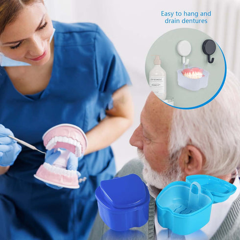 3 Pack Colors Denture Bath Case Cup Box Holder Storage Soak Container with Strainer Basket for Travel Cleaning (White, Blue, Light Blue)...