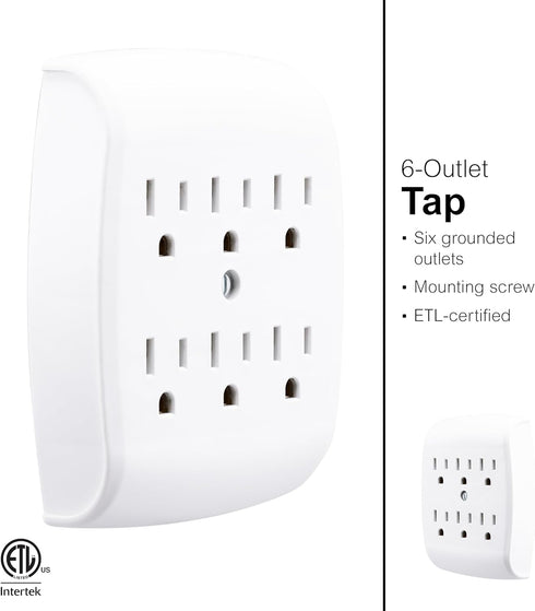 GE 6-Outlet Extender Wall Tap, 2 Pack, Grounded Adapter, Charging Station, 3-Prong, Secure Install, UL Listed, White, 46852...