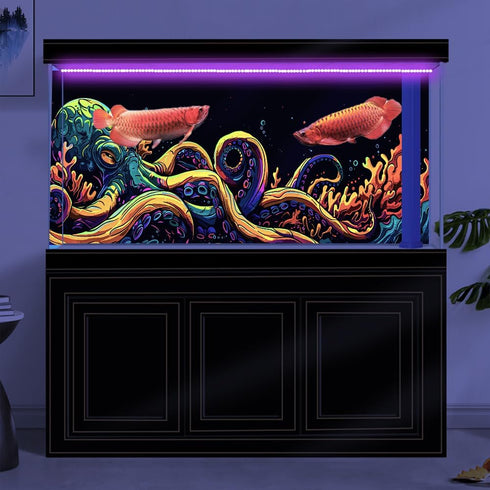 24X12IN Blacklight Octopus Sea Monster HD 3D Black Light Aquarium Background UV Reactive Background Terrarium Background with 10 EVA Double-Sided ...
