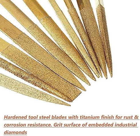 10pcs Titanium Finish Diamond Needle File Set, 3 x 140mm Mini Jewelers File Set Metal File Tool for Jewelers Glass Wood Carving Craft...
