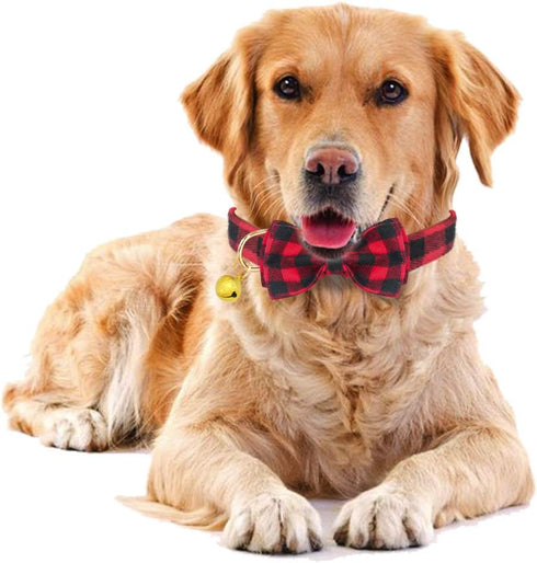 KUDES Plaid Dog Collar with Bow, 2 Pack/Set Adjustable Dog Bow Tie Collars with Bell, Best Pet Gift for Small Medium Large Girl and Boy Dogs, Red ...