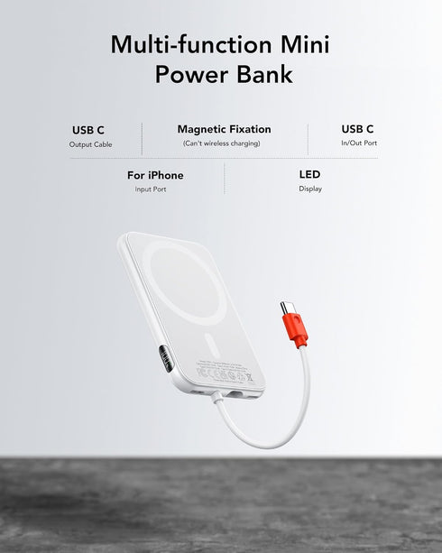VRURC Mini Portable Charger with Built-in Cable USB C, 5000mAh Slim Power Bank LED Display, Anti-Slip Magnet Battery Pack with C Port for iPhone 1...