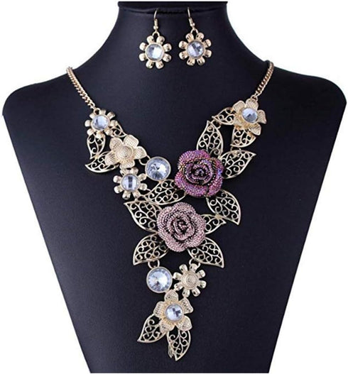 Women's Vintage Flower Rose Gold Necklace Statement Earrings Jewelry Set...