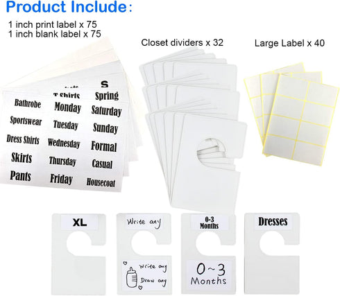 16 Pack White Clothing Rack Size Dividers Plus 60 Labels (1 Inch) and 16 Large Blank Labels, Large Rectangular Clothing Closet Dividers (Pearl Whi...