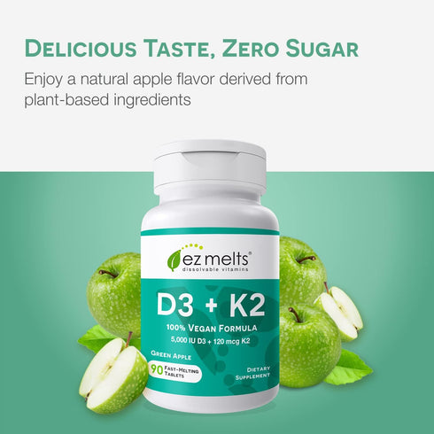 EZ Melts Dissolvable Vitamin D3 K2 5,000 IU, Bone & Joint Support, Sugar-Free, 3-Month Supply...