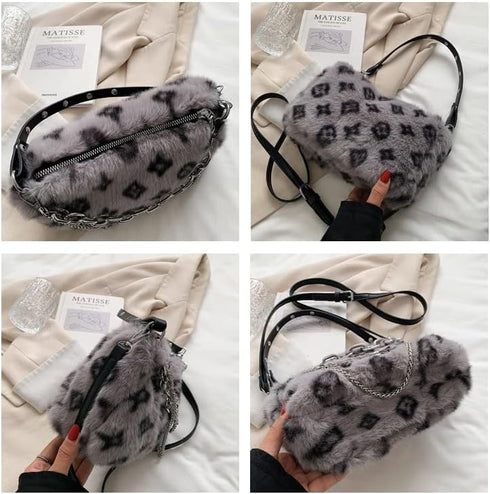 2022 New Leopard Print Plush Shoulder Cross-body Bag Fashion Chain One-shoulder Armpit Tote Y2K Purse Hobo Bag...