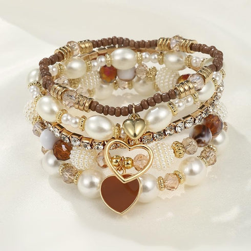 Bohemian Stackable Beaded Bracelets Set for Women Girl Multicolor Stretch Faux Pearl Heart Crystal Stretchy Bangles Multilayered Handmade Friendsh...