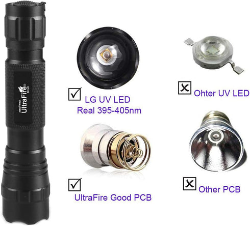 ULTRAFIRE 501B UV Flashlight Adjustable Focus 395nm Ultraviolet Black Light Mini Flashlight,Pet Urine Detector for Resin Curing, Dry Stain, Scorpi...