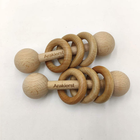 2pcs Beech Wood Ring Rattle Chew Wood Beads Rattling Teething Gym Montessori Toys Wooden Educational Ring Rattle (Rattle 2pcs)...