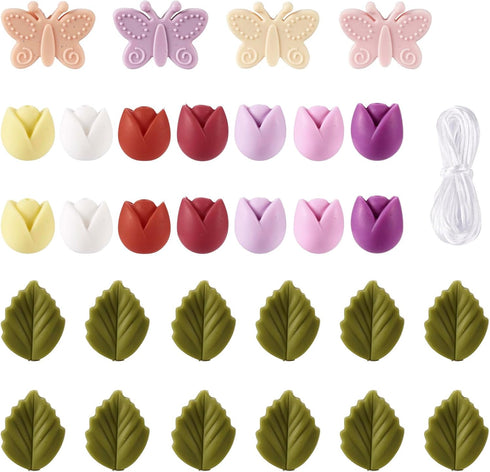 Craftdady 32Pcs Tulip Butterfly Leaf Silicone Focal Beads Spring Theme Flower Beads Keychain Making Kit with Nylon Cord for Crafts DIY Beadable Pe...