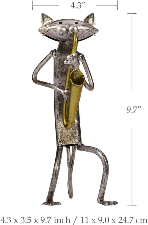 Too-arts A Playing Saxophone Cat Metal Sculpture Iron Statue Handwork Handicrafts, 3 Funny Design...