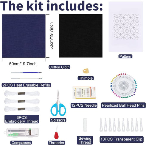 WEBEEDY Sashiko Kit DIY Sashiko Placemat with Traditional Japanese Sashiko Quilting Pattern Craft Kit for Adults Embroidery Sewing Place Mats Set ...