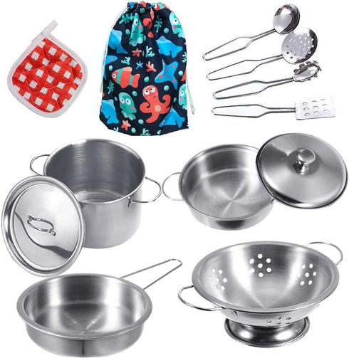 Tiny Cookware Utensils Pretend Play Kitchen Toys Stainless Steel Cooking Set Toys Montessori Kitchen Playset Kids Pots and Pans Playset,Play Kitch...