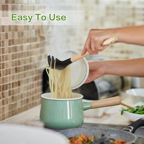 Wooden Handle Pasta Fork Spoon 12" Silicone Spaghetti Fork Food Grade Noodle Spoon, BPA Free, Spaghetti Spoons Strainer & Server Spoonss...